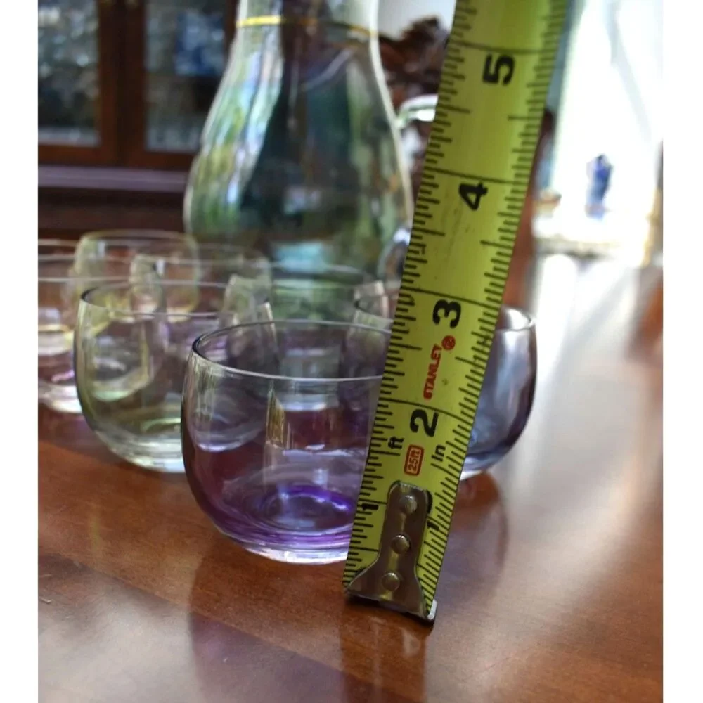 Vintage Gold Strip Glass Pitcher and Set of 8 Roly Poly Cocktail Glasses